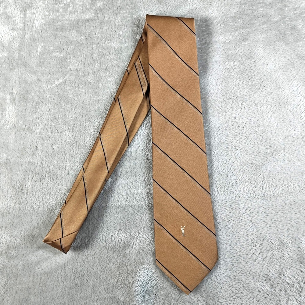 Vintage Yves Saint Laurent Tie Men Brown Striped YSL Monogram Made In France